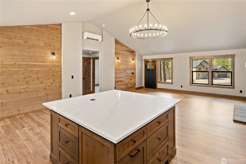 Kitchen island and cedar accent walls