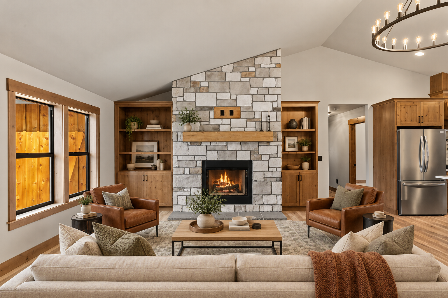 Virtually staged great room facing the stone fireplace