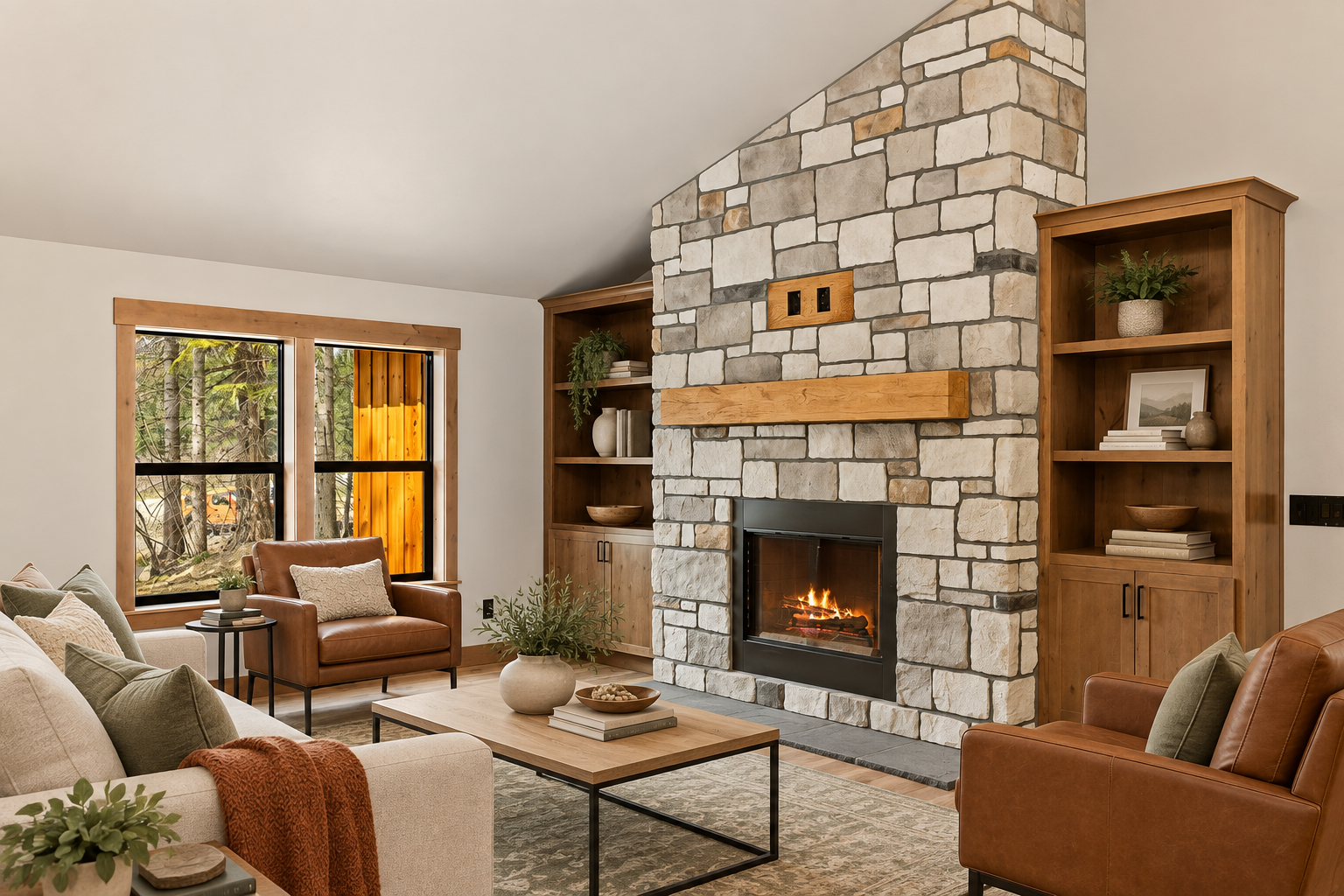 Virtually staged seating area beside the stone fireplace