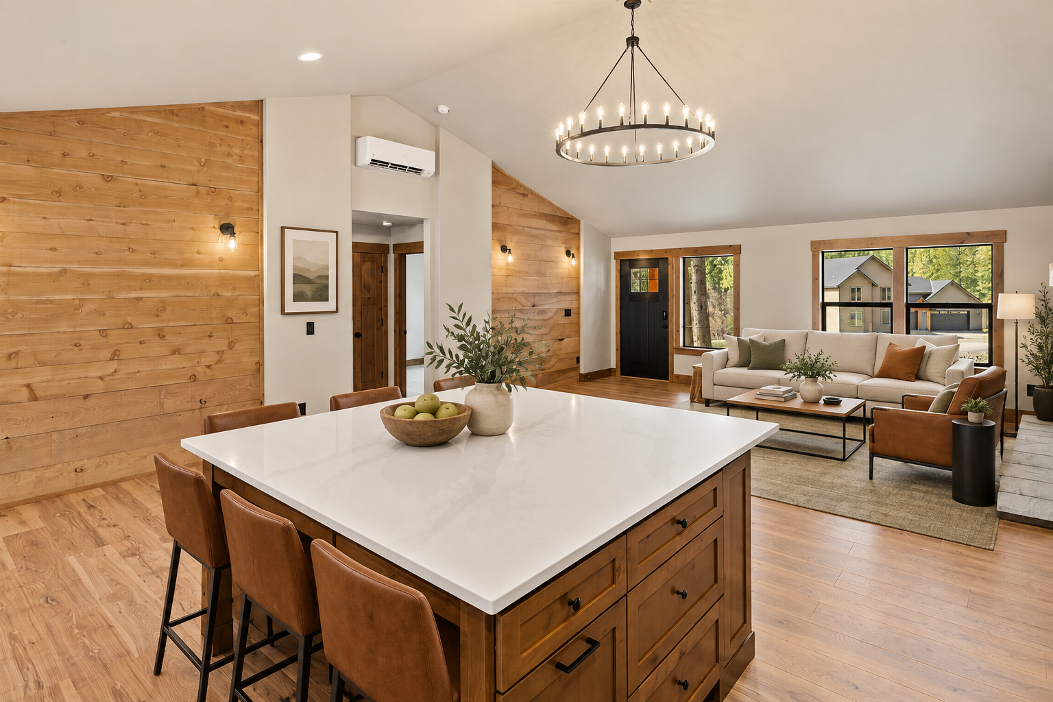 Virtually staged kitchen island and adjoining great room